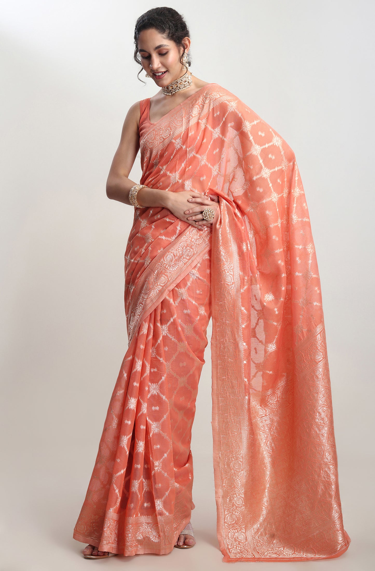 Festive Wear Orange Barnarasi Silk Blend Saree