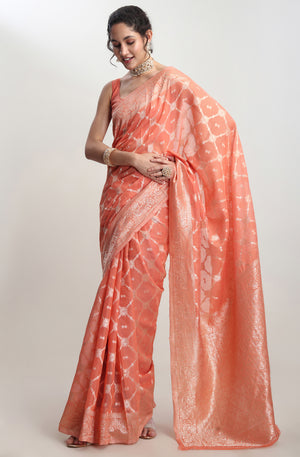 Festive Wear Orange Barnarasi Silk Blend Saree