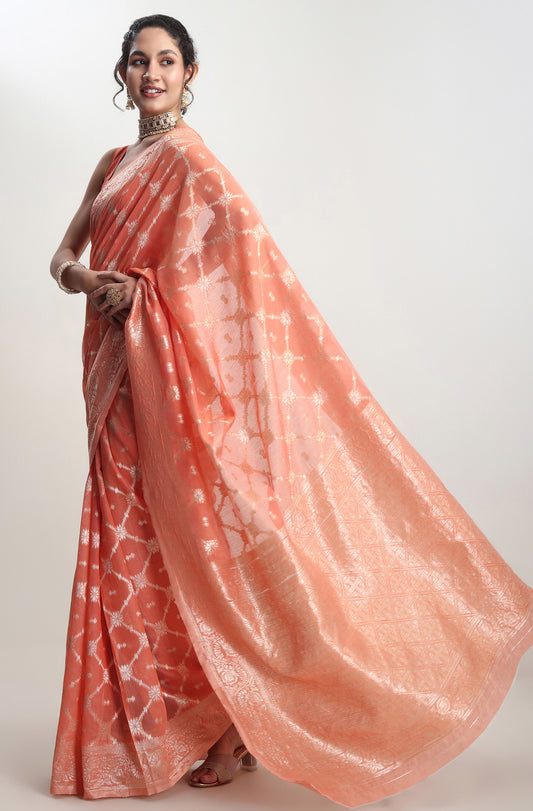 Festive Wear Orange Barnarasi Silk Blend Saree