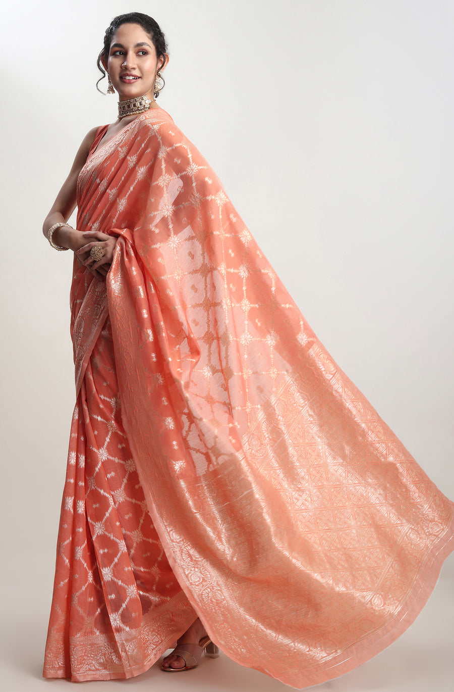 Festive Wear Orange Barnarasi Silk Blend Saree