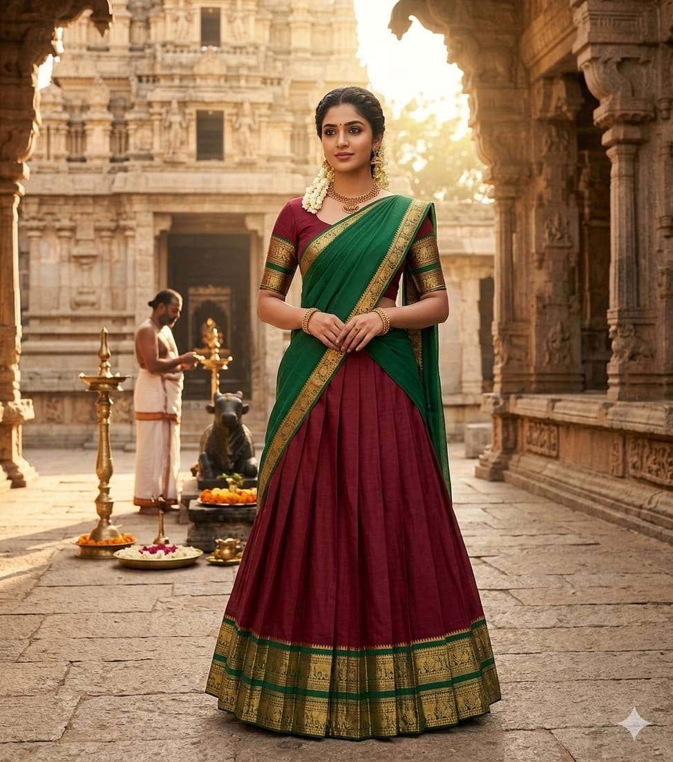 South-style Kanchi Cotton Silk Lehenga - Green with Maroon