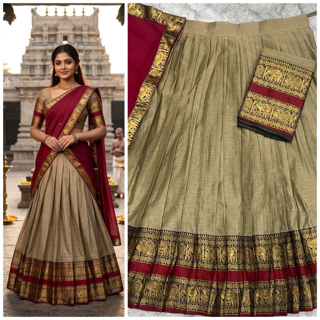 South-style Kanchi Cotton Silk Lehenga - Maroon with Beige