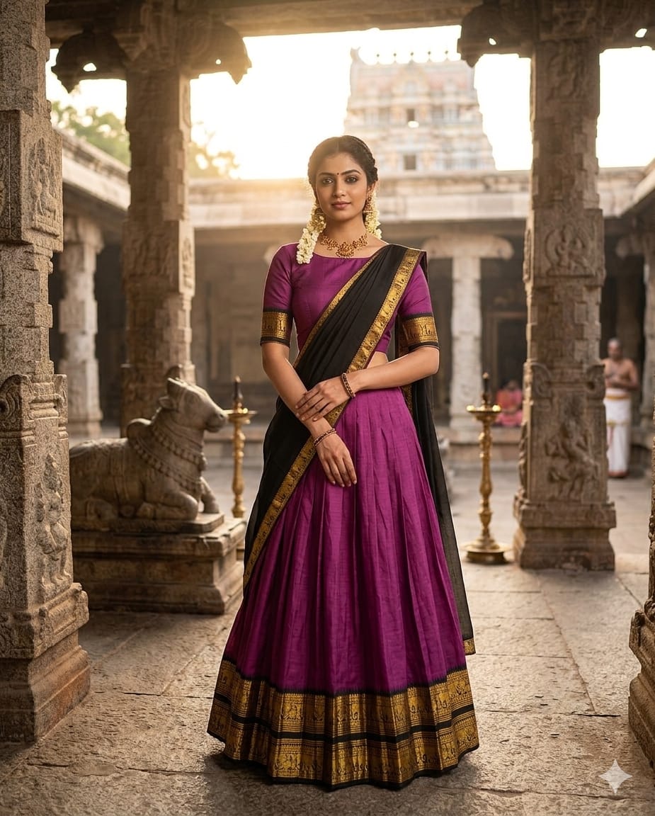 South-style Kanchi Cotton Silk Lehenga - Purple with Black