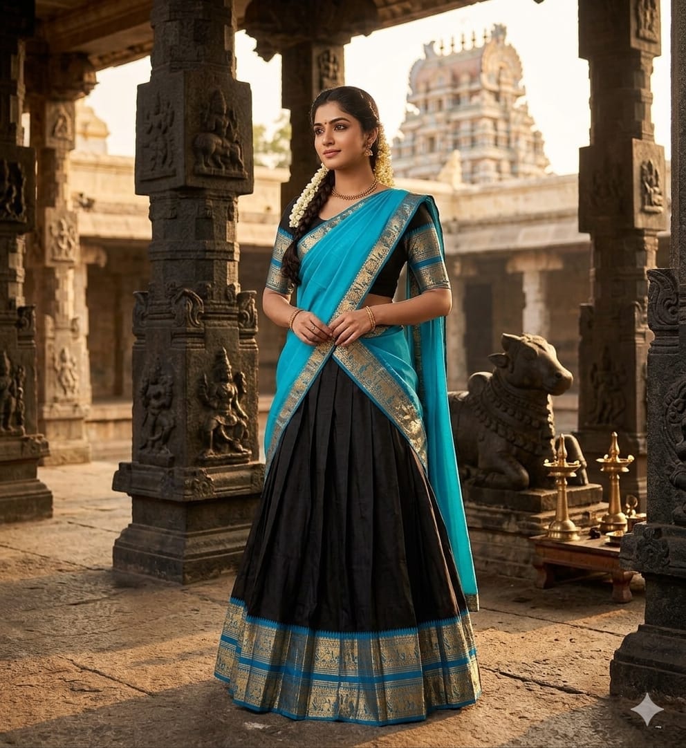 South-style Kanchi Cotton Silk Lehenga - Sky blue with Black
