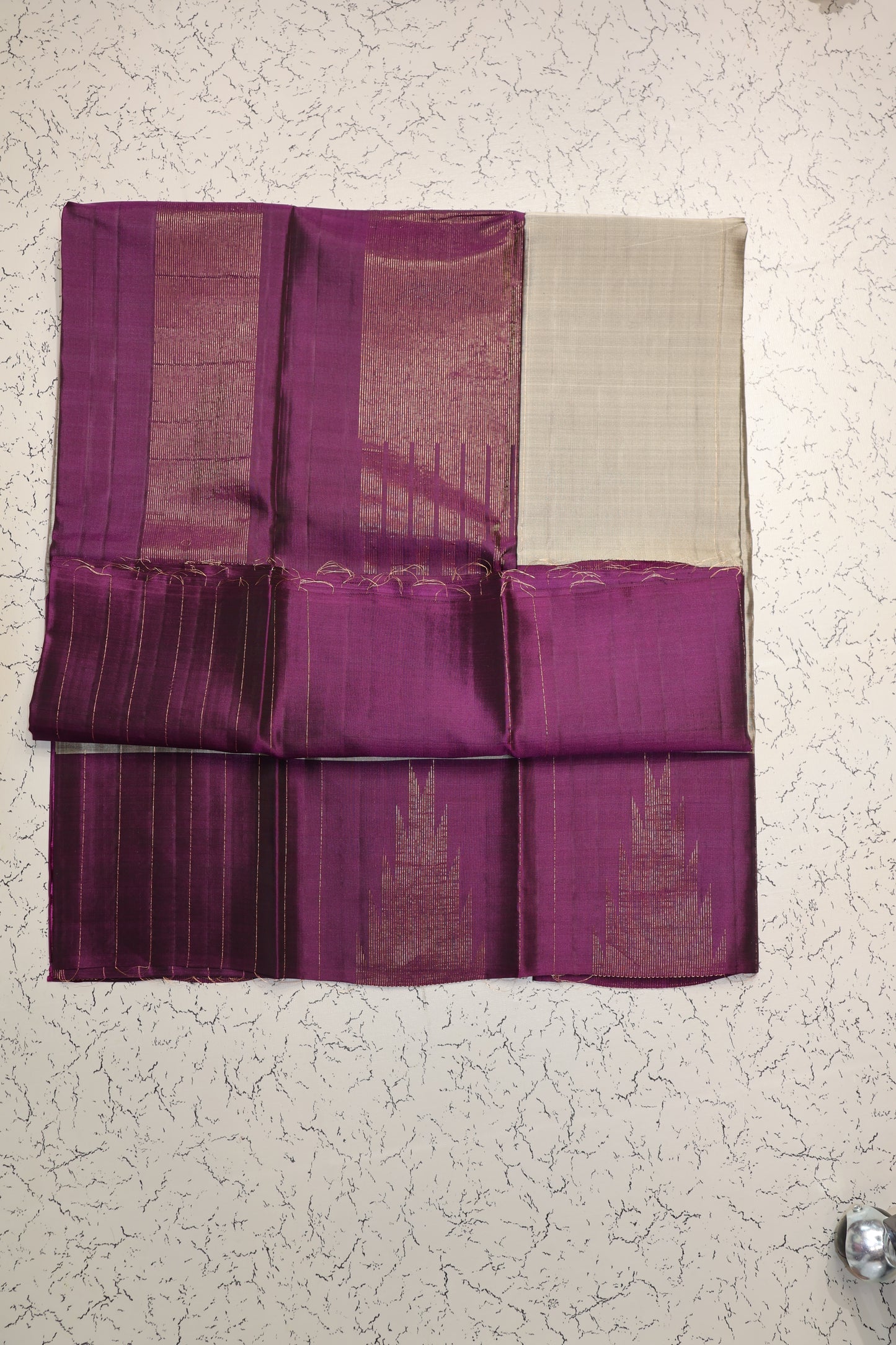 Traditional Gray colour Pure Semi Silk Saree with Purple temple border