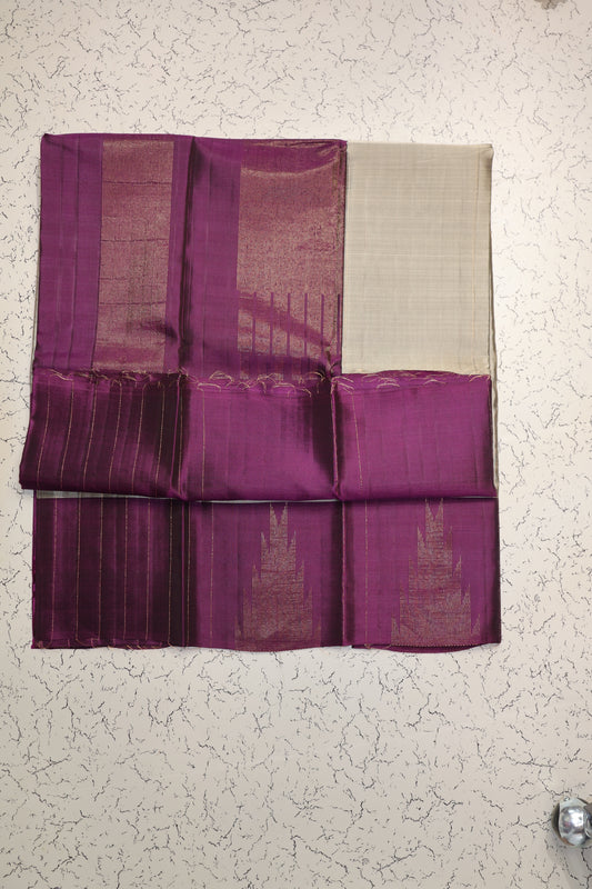 Traditional Gray colour Pure Semi Silk Saree with Purple temple border