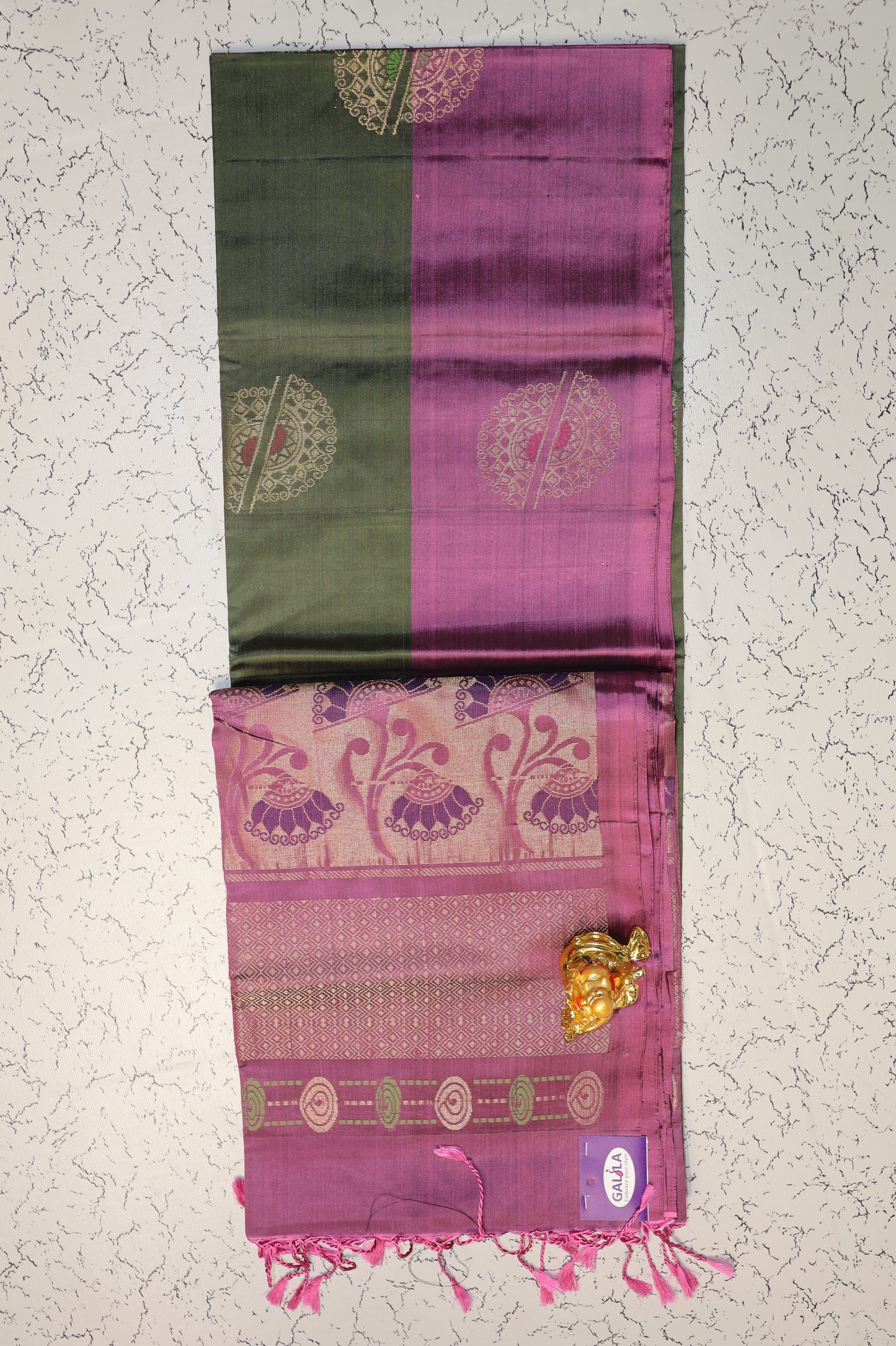 Traditional Hand Woven Olive Green semi silk saree with purple pallu