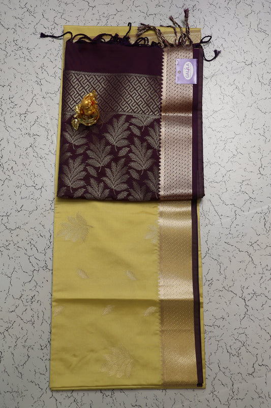 Traditional Luxury and premium Beige color silk saree with purple pallu