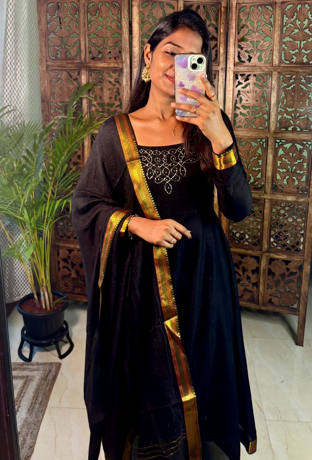 Traditional Rangoli Handwork Black Maxi with Dupatta