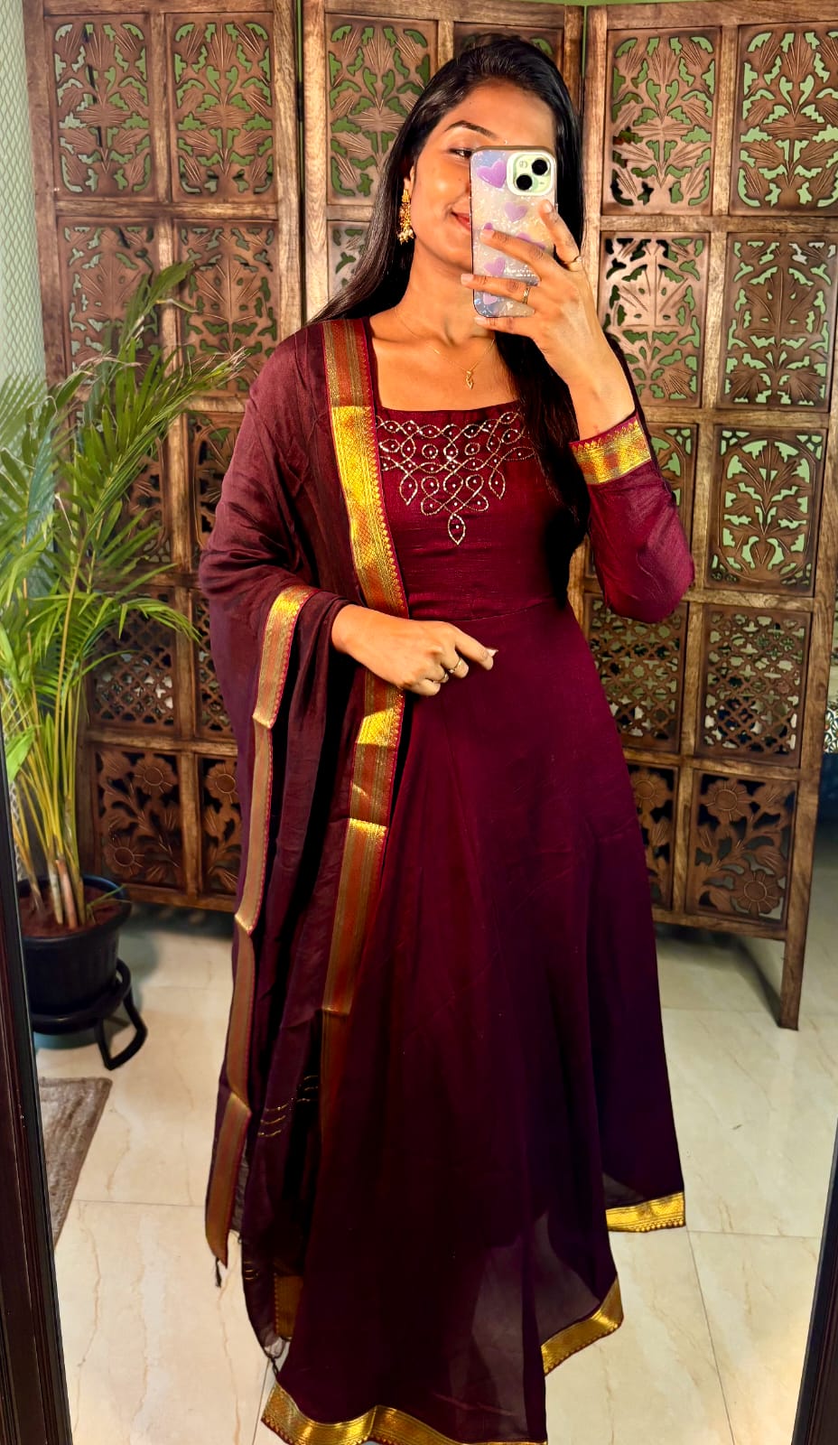 Traditional Rangoli Handwork Dark coffee Maxi with Dupatta
