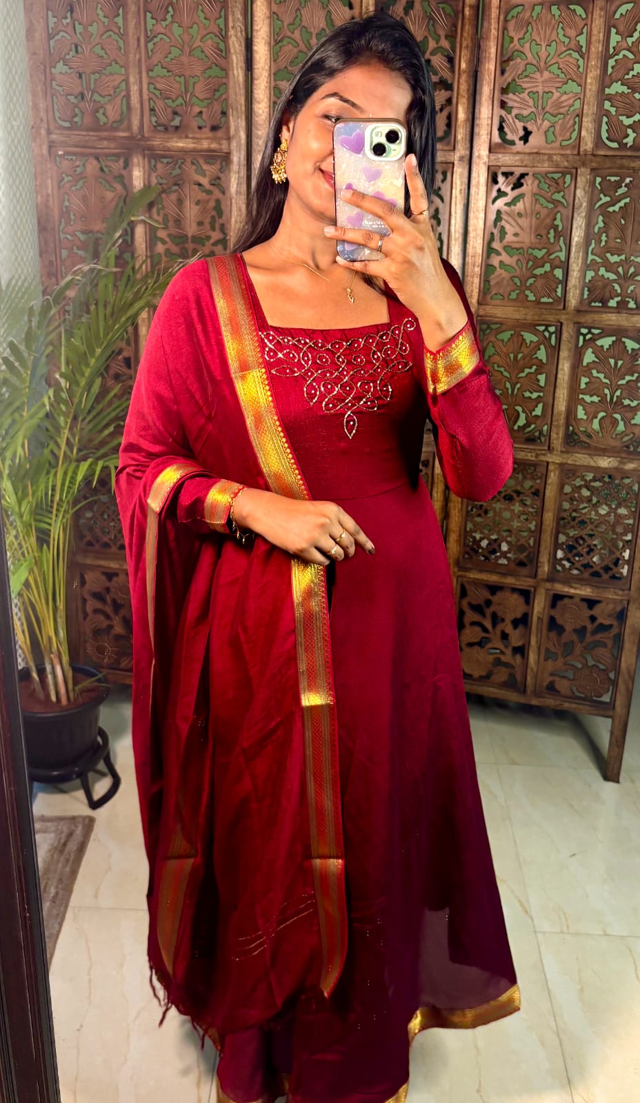 Traditional Rangoli Handwork Maroon Maxi with Dupatta