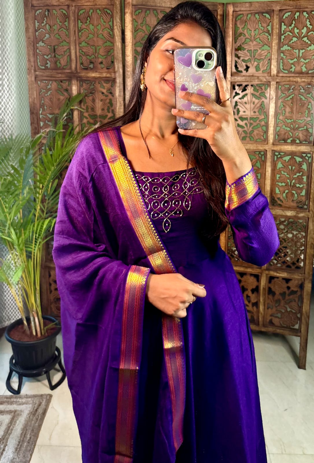 Traditional Rangoli Handwork Purple Maxi with Dupatta