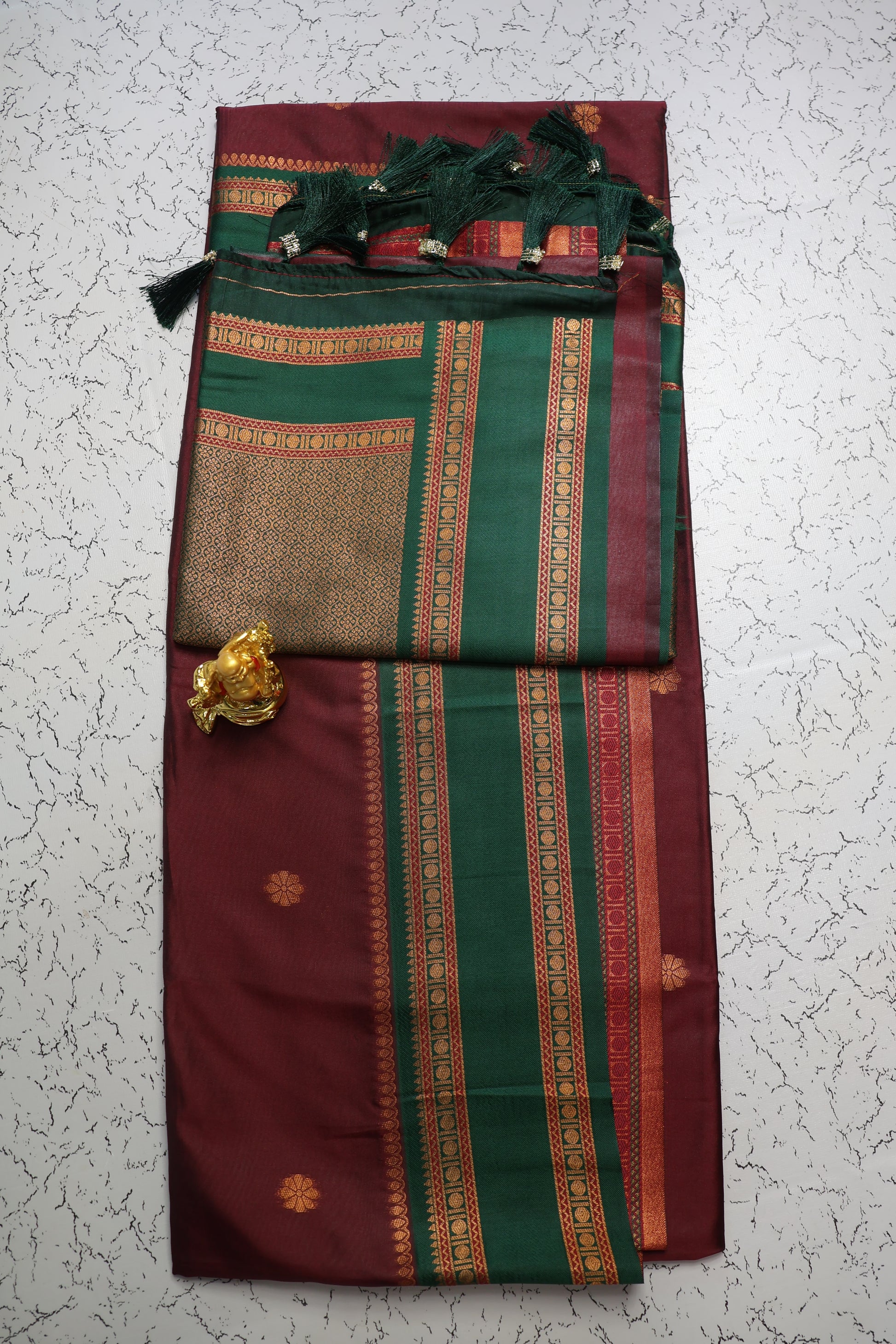 Traditional Retta petta green border Maroon saree with zari butta