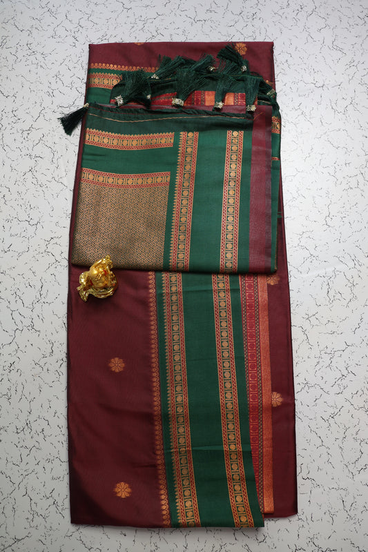 Traditional Retta petta green border Maroon saree with zari butta