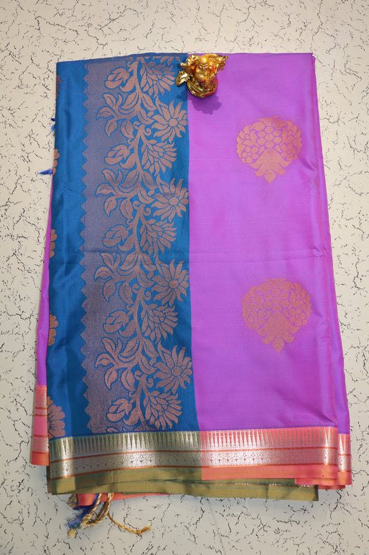 Traditional Wear Lavender and Royal Blue Semi silk saree