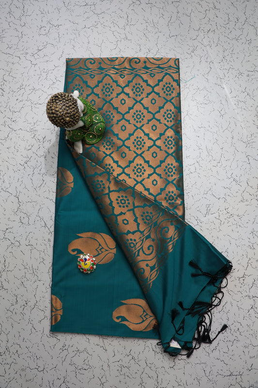 Traditional and wedding wear Dark teal green soft silk saree