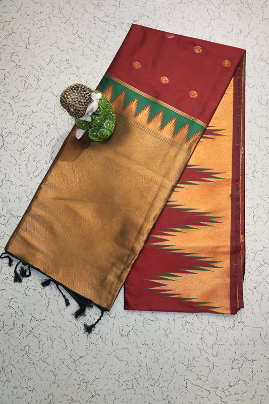 Traditional temple border Maroon and Green semi silk saree