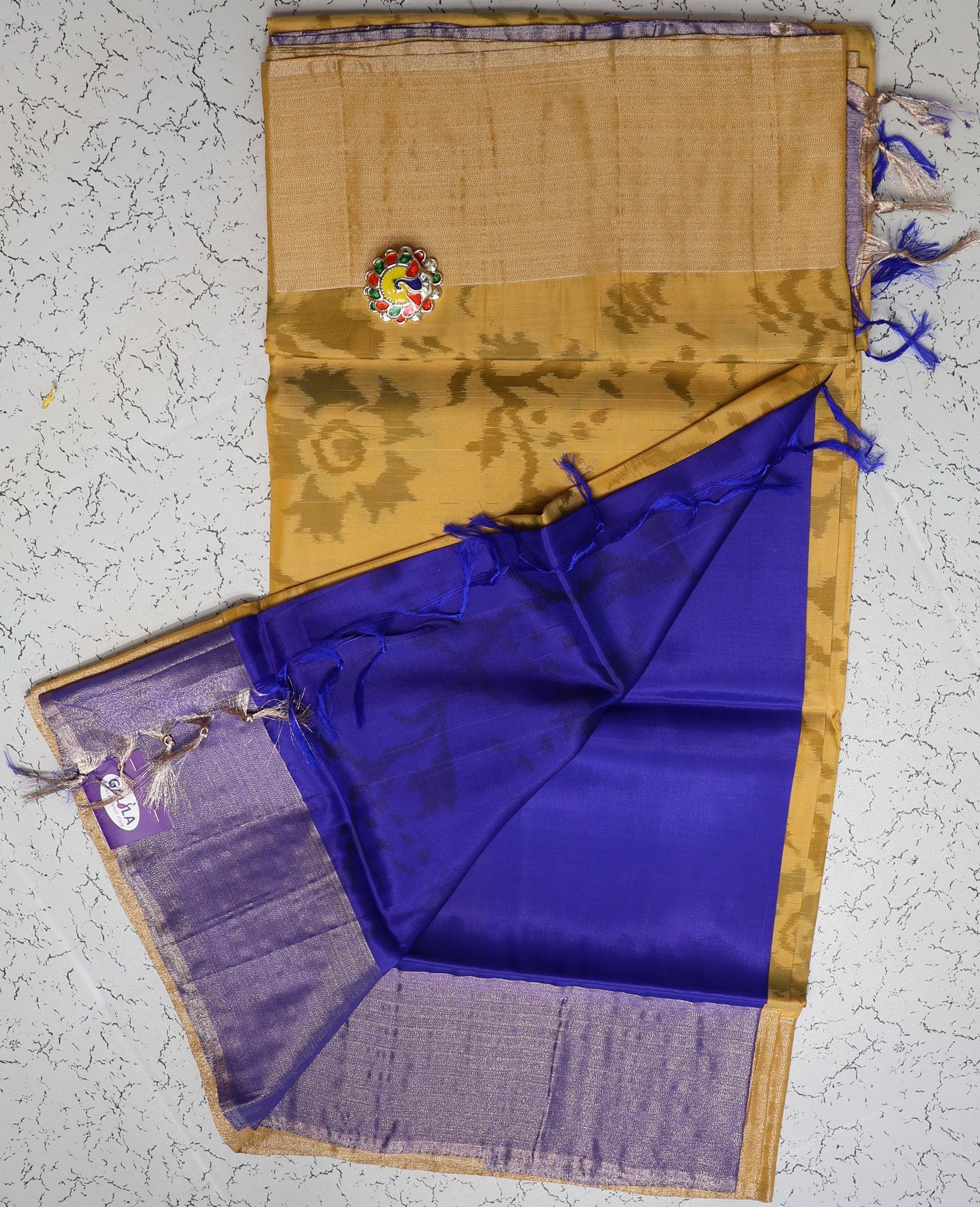 Trending Pochampalli mustard brown and Royal Blue Semi Silk Saree