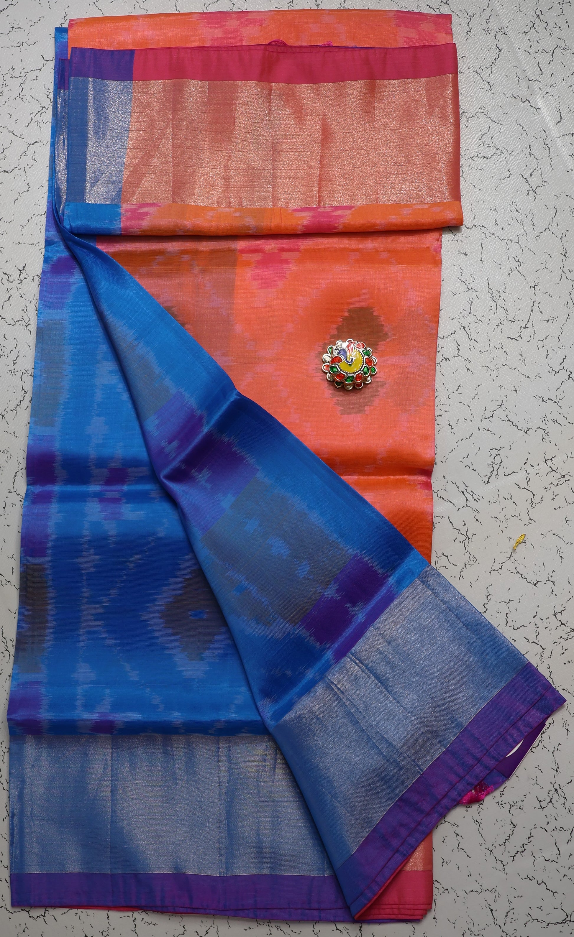 Trending Premium Orange and Royal blue Pochampalli Semi Silk Saree