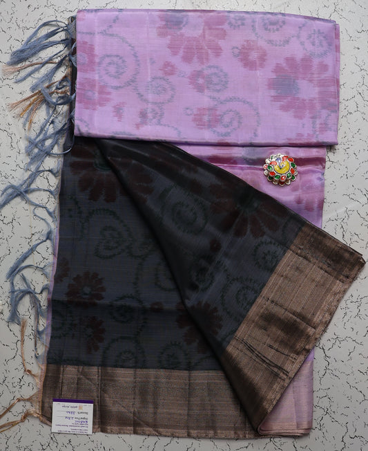 Trending Premium Pochampalli Lavender and Gray Semi Silk Saree