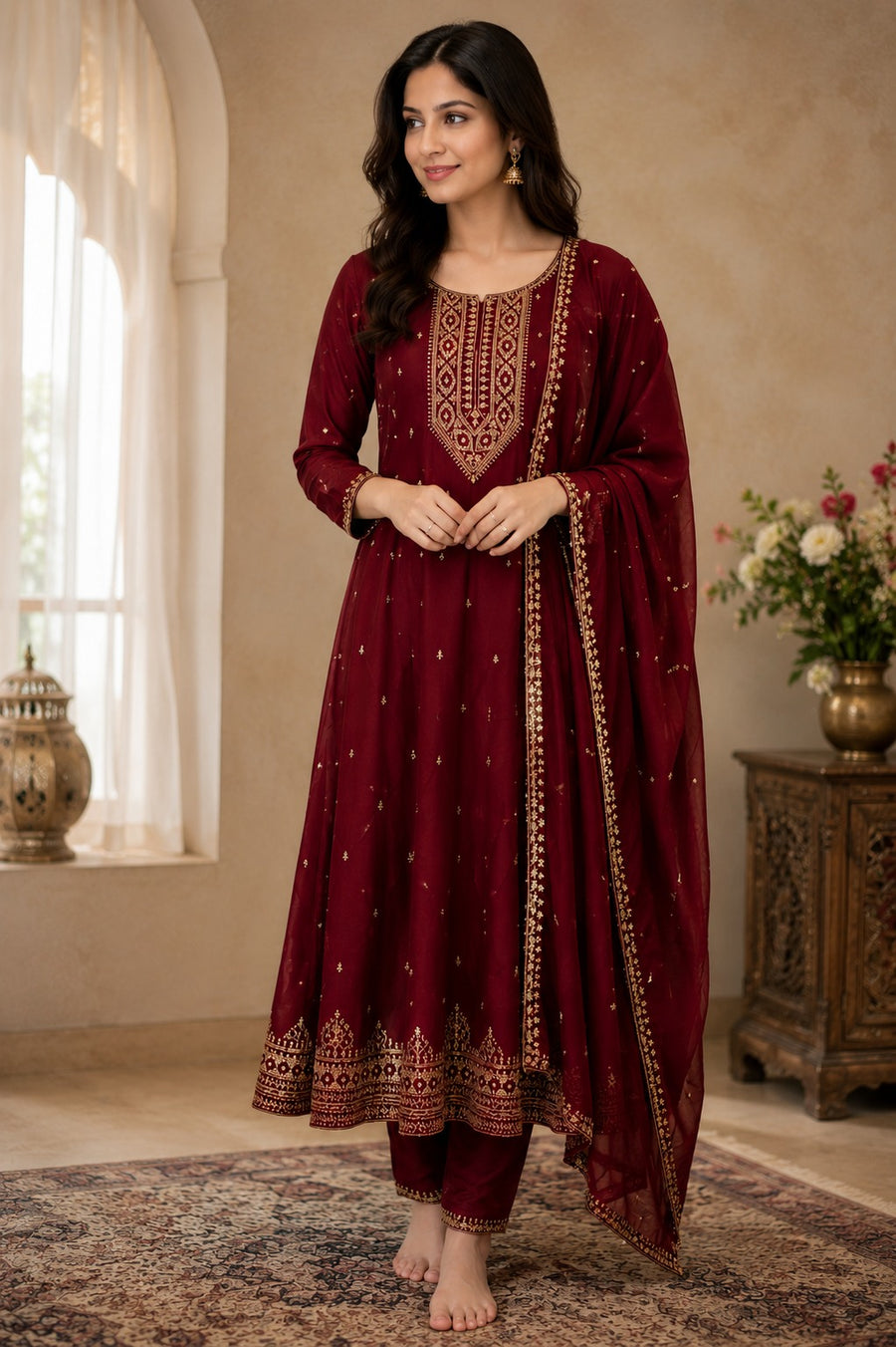 Vichitra Silk Anarkali Kurta Set for Women  Maroon & Rani Pink