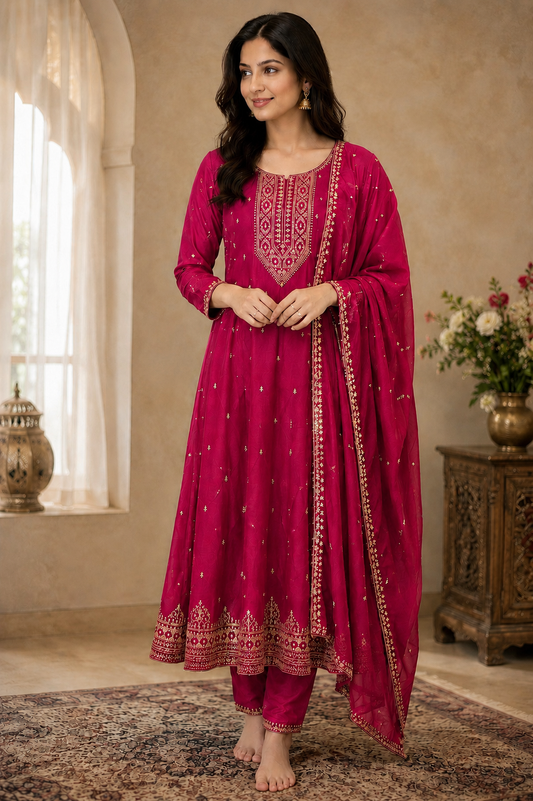Vichitra Silk Anarkali Kurta Set for Women& Rani Pink