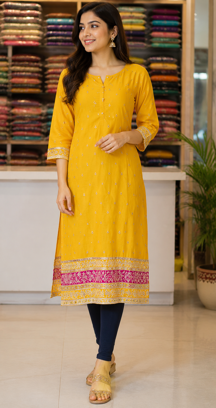 Vichitra Silk Yellow Embroidered Kurti