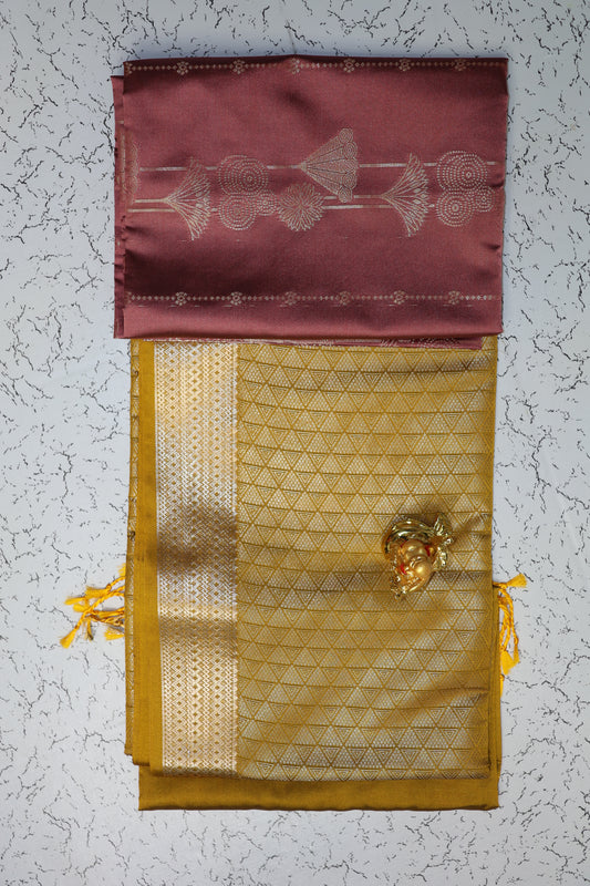 Wedding and Festive Wear Pastel Brown luxury silk saree with Mehndi green pallu