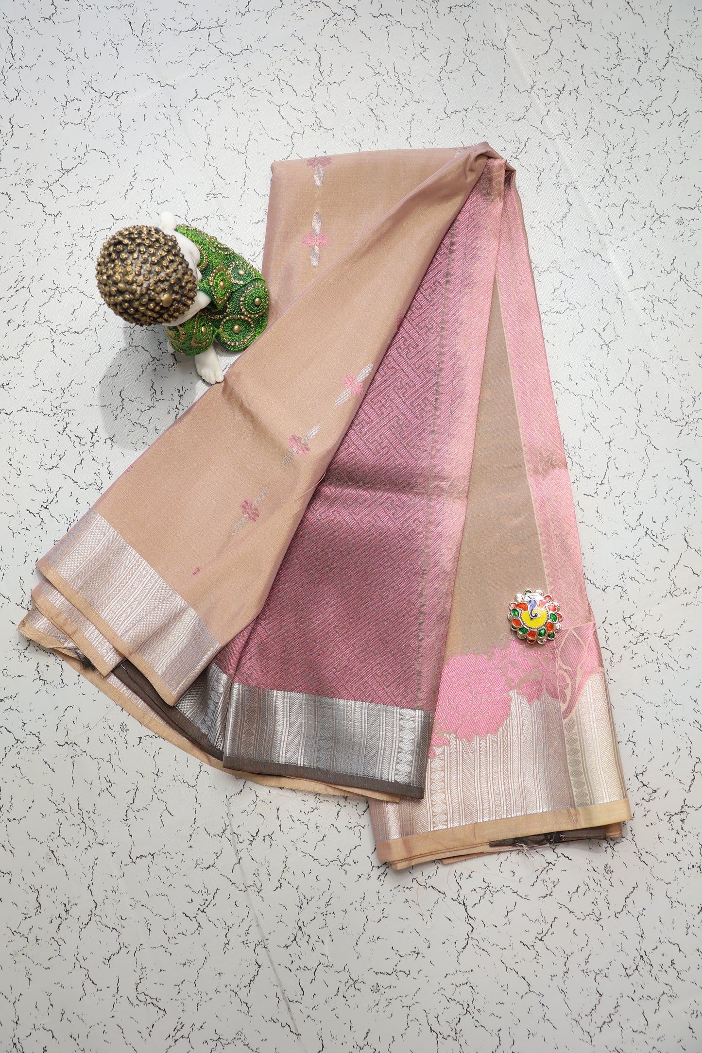 Wedding and Festive wear pastel brown and onion pink semi silk saree