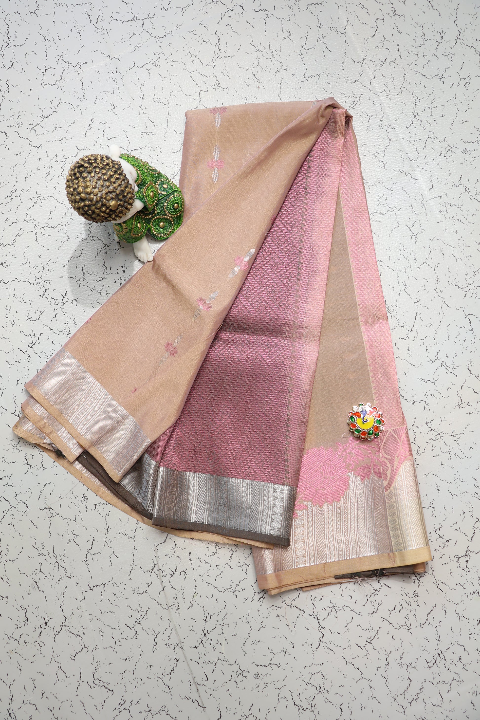 Wedding and Festive wear pastel brown and onion pink semi silk saree