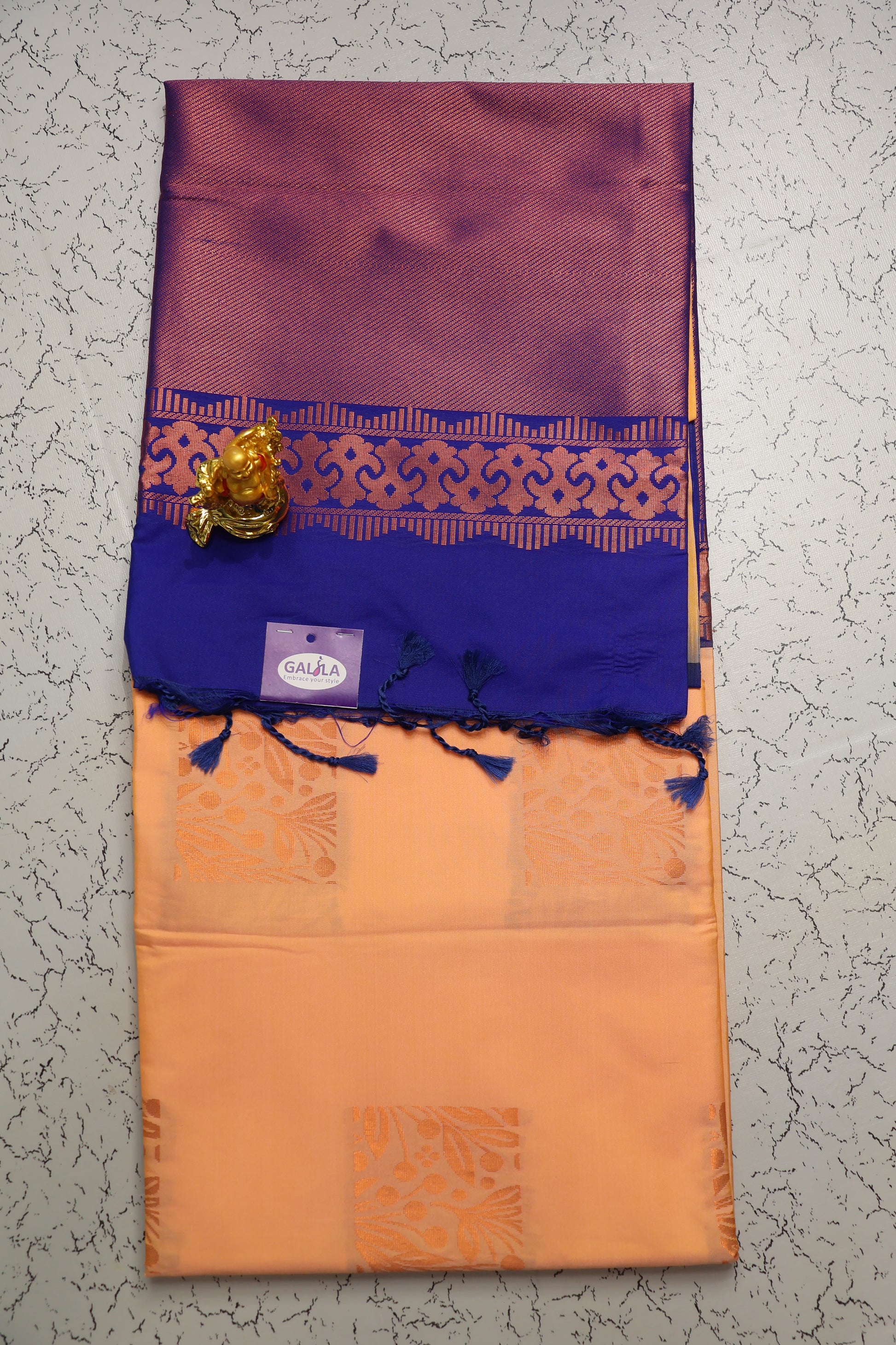 Wedding and festive season Peach colour saree with Royal Blue pallu