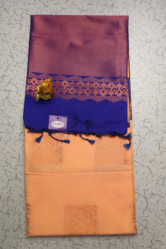 Wedding and festive season Peach colour saree with Royal Blue pallu