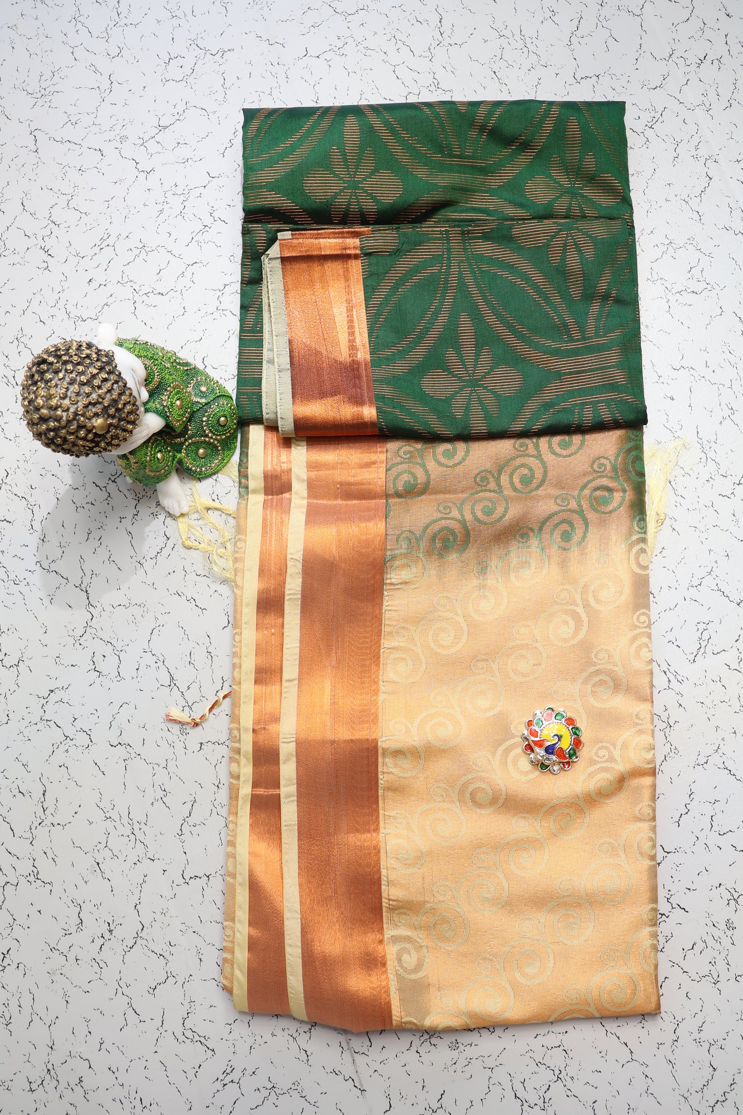 Wedding and festive wear Green colour soft silk saree with gold zari border beige pallu