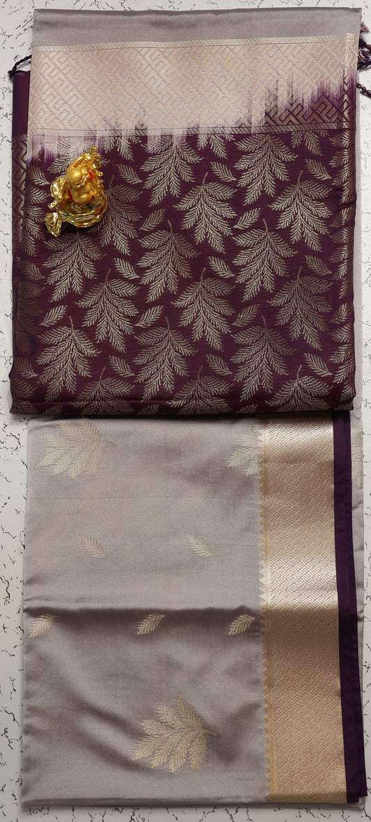 Wedding wear Premium Luxury Gray and Dark purple Semi Soft Silk saree