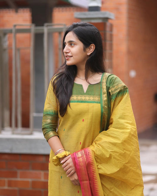 Yellow Kanchi cotton Kurta set jacquard weaving dupatta with pearl set and hair band