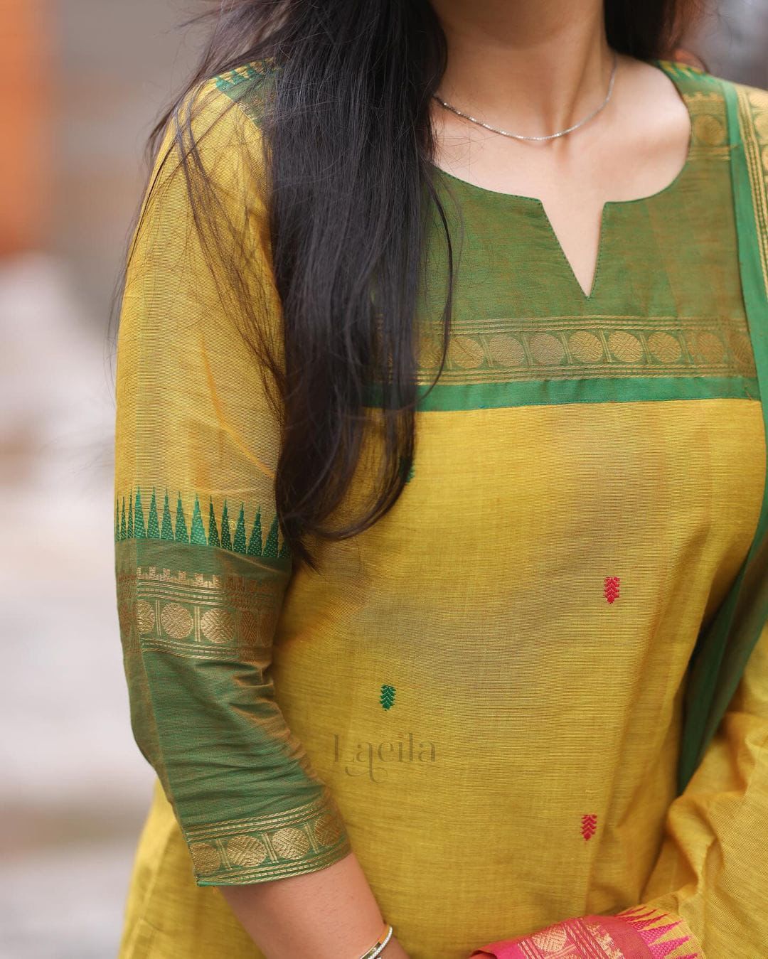 Yellow Kanchi cotton Kurta set jacquard weaving dupatta with pearl set and hair band