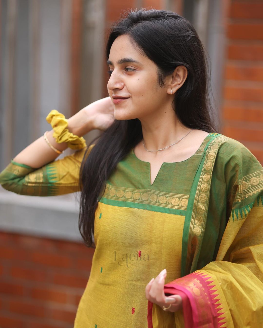 Yellow Kanchi cotton Kurta set jacquard weaving dupatta with pearl set and hair band