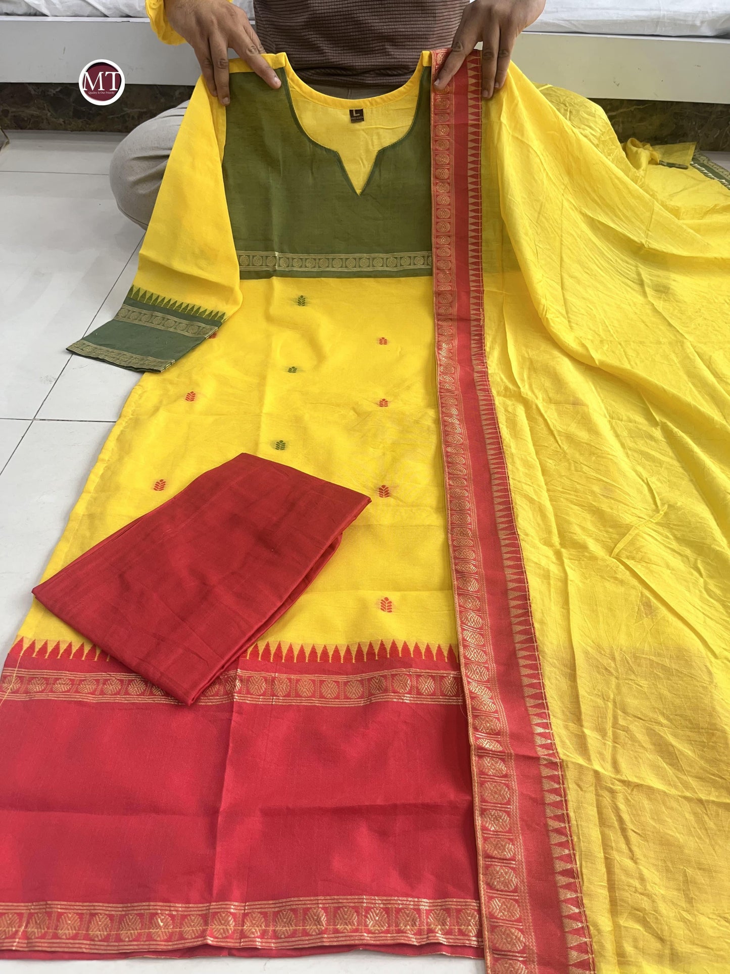 Yellow Kanchi cotton Kurta set jacquard weaving dupatta with pearl set and hair band