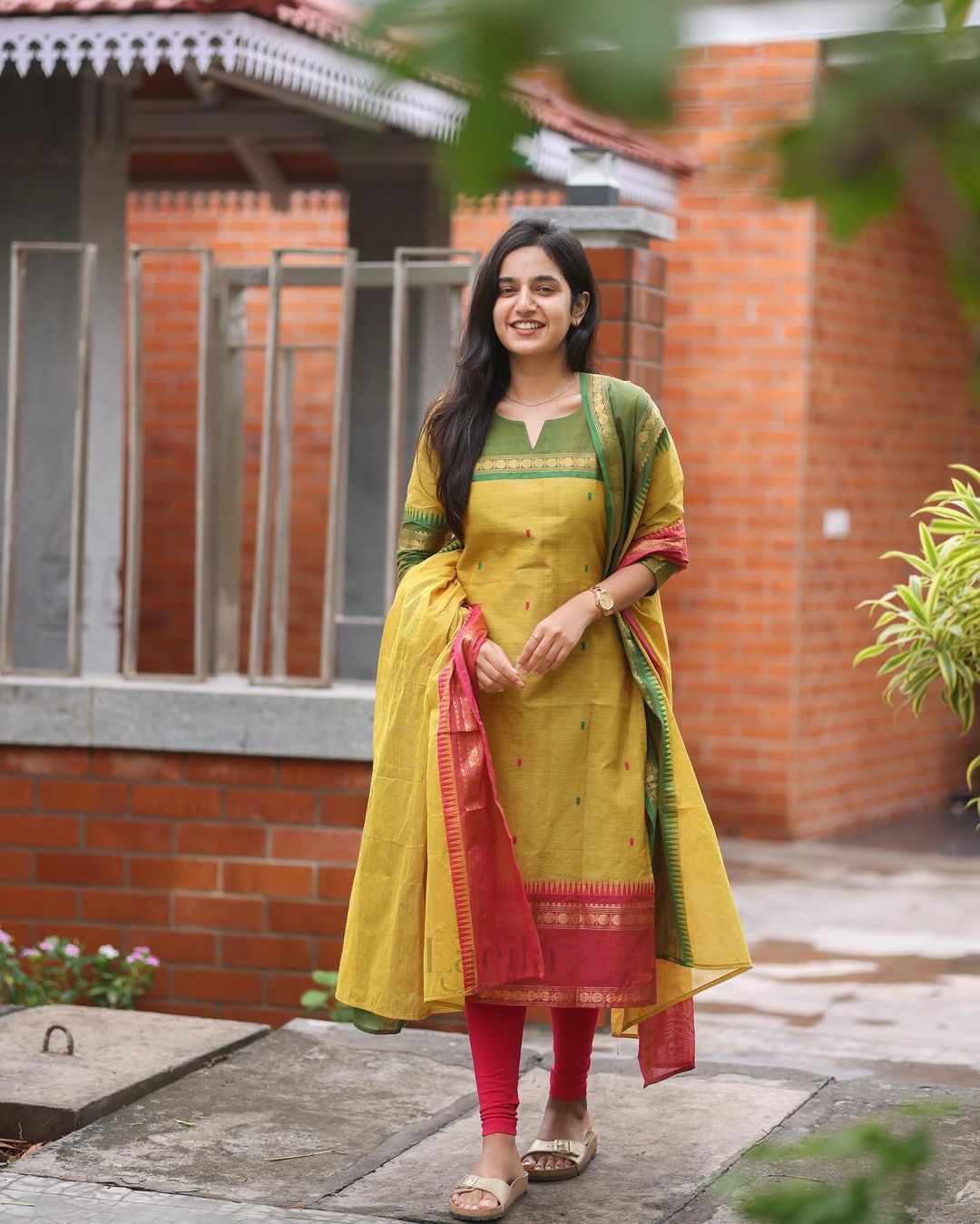 Yellow Kanchi cotton Kurta set jacquard weaving dupatta with pearl set and hair band