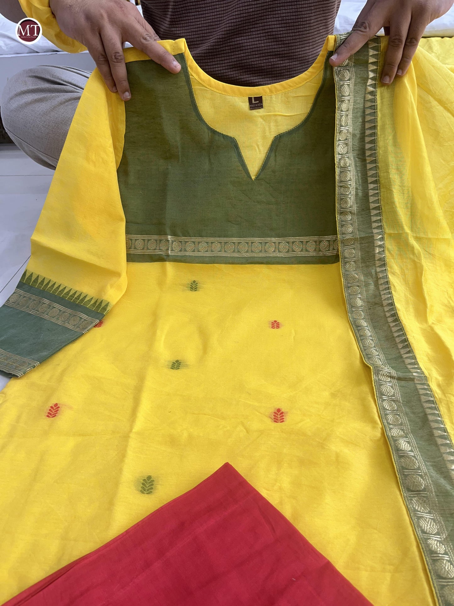 Yellow Kanchi cotton Kurta set jacquard weaving dupatta with pearl set and hair band