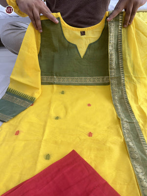 Yellow Kanchi cotton Kurta set jacquard weaving dupatta with pearl set and hair band