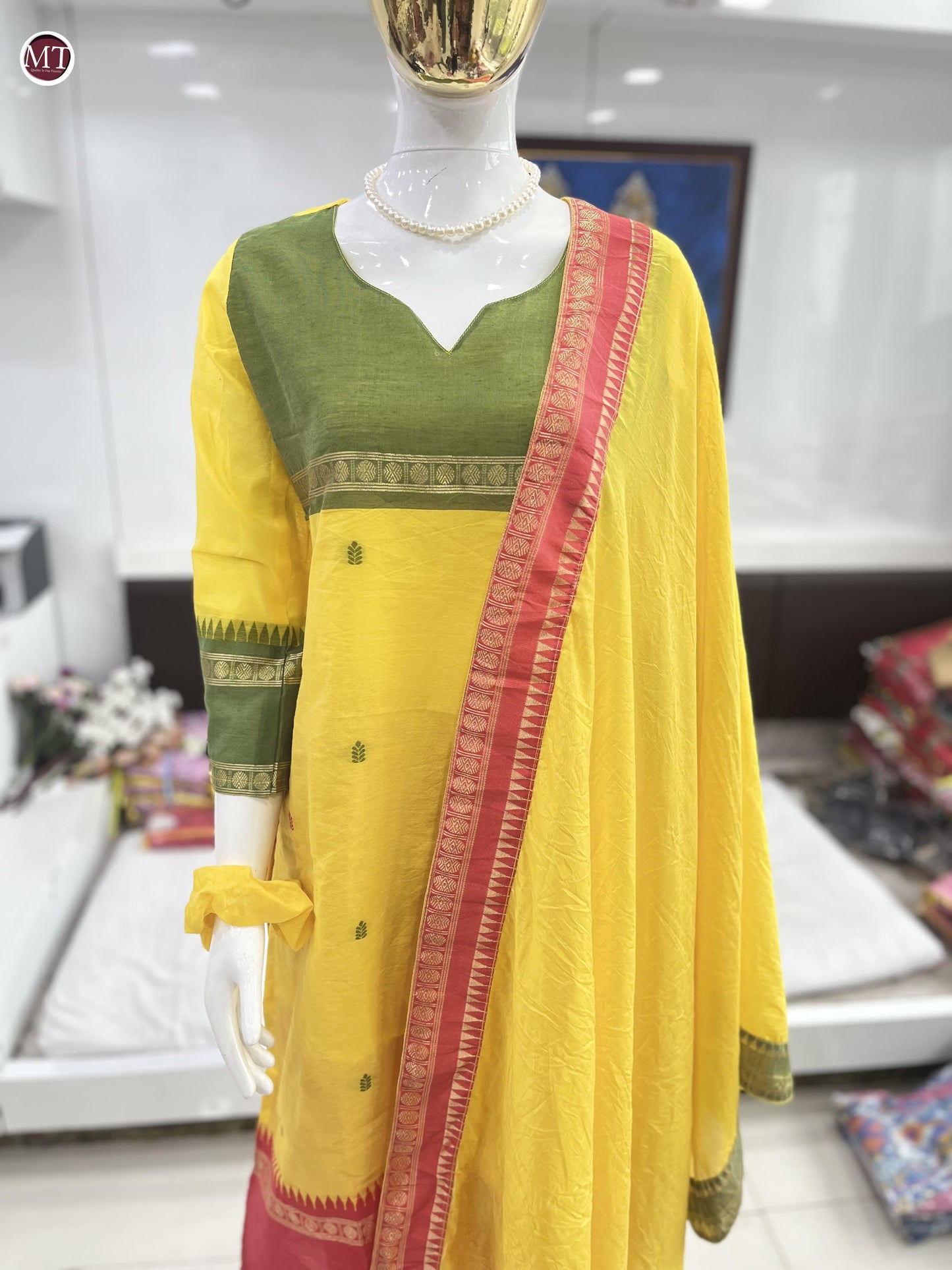 Yellow Kanchi cotton Kurta set jacquard weaving dupatta with pearl set and hair band