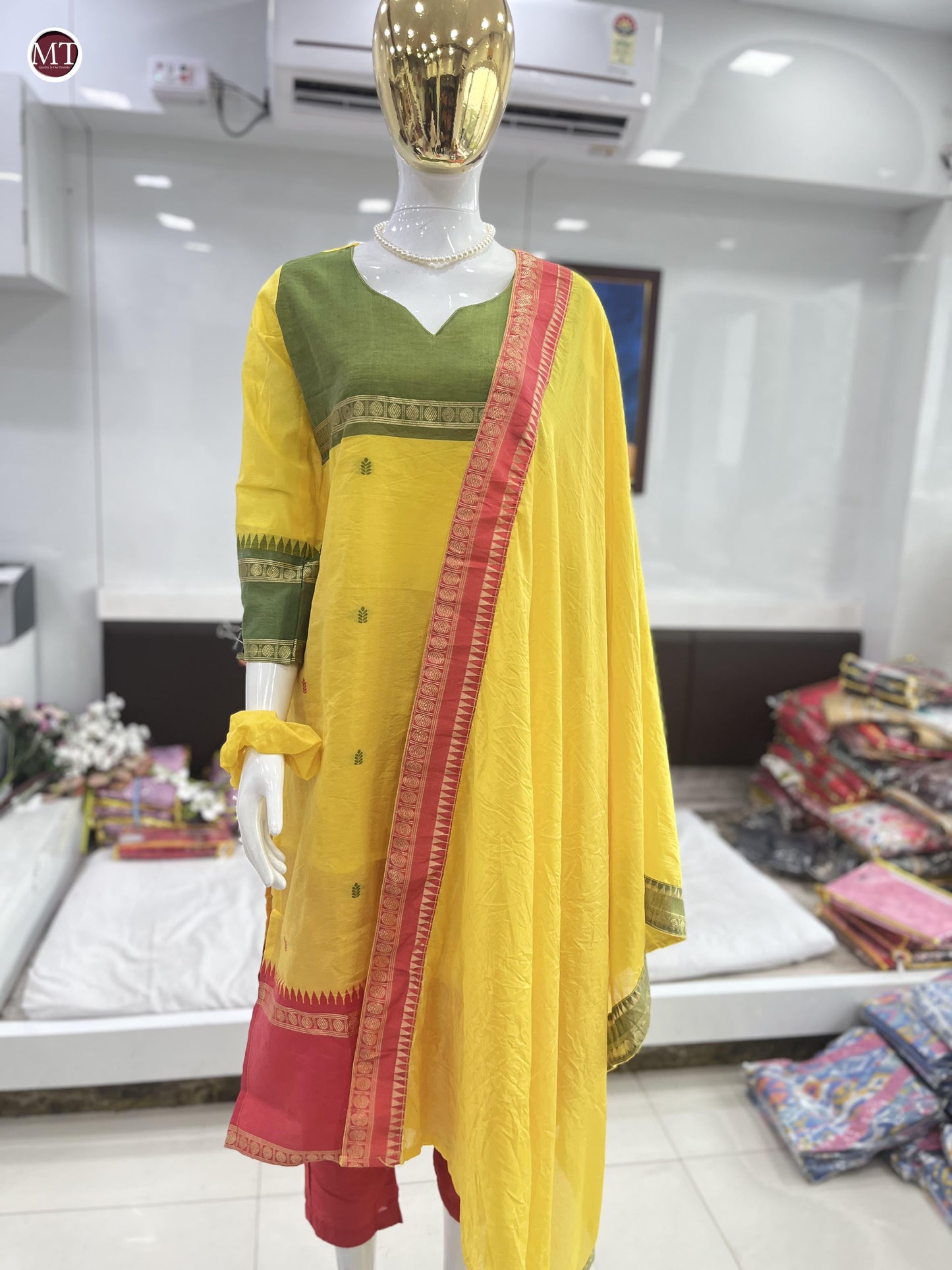 Yellow Kanchi cotton Kurta set jacquard weaving dupatta with pearl set and hair band