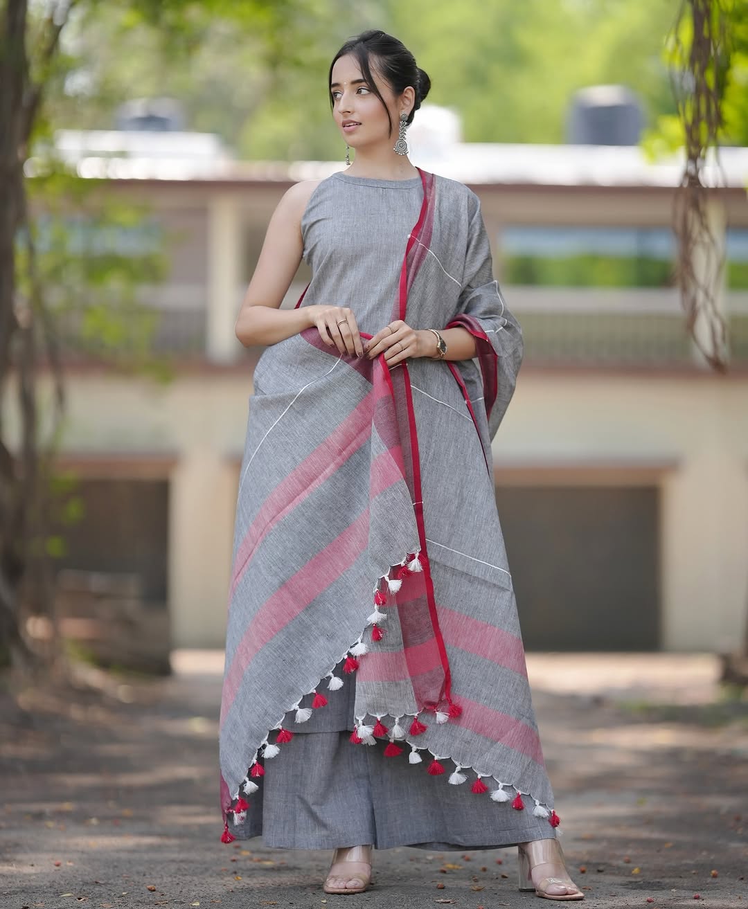 Pure Slub cotton A line Gray Kurta set