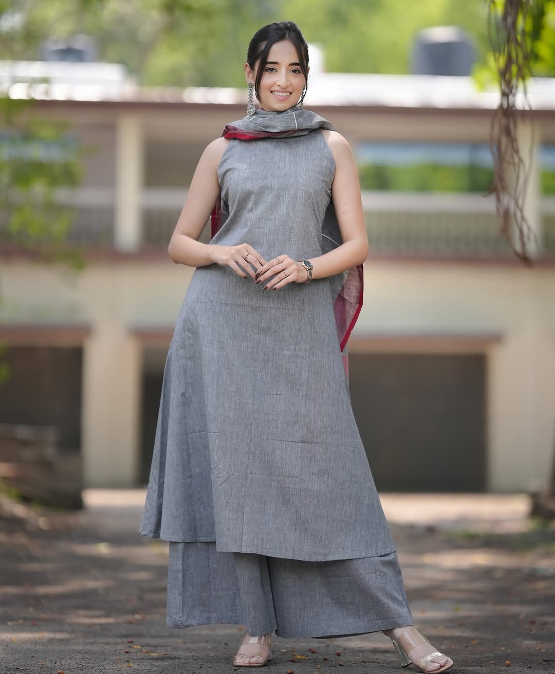 Pure Slub cotton A line Gray Kurta set