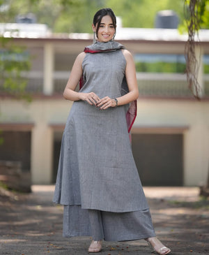 Pure Slub cotton A line Gray Kurta set
