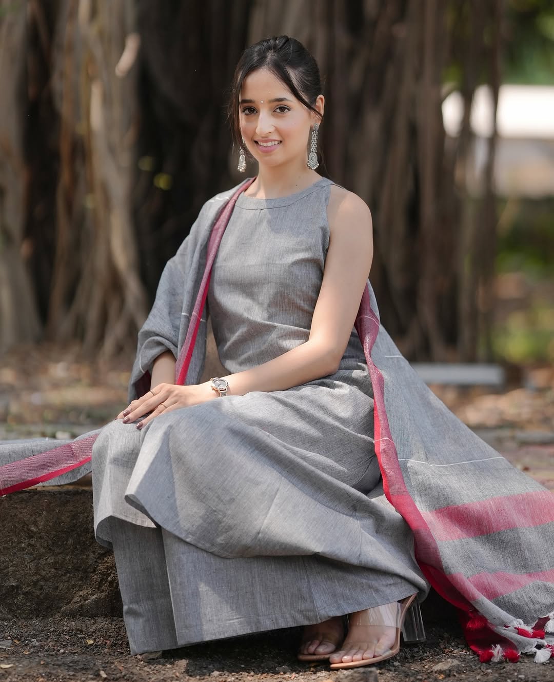 Pure Slub cotton A line Gray Kurta set