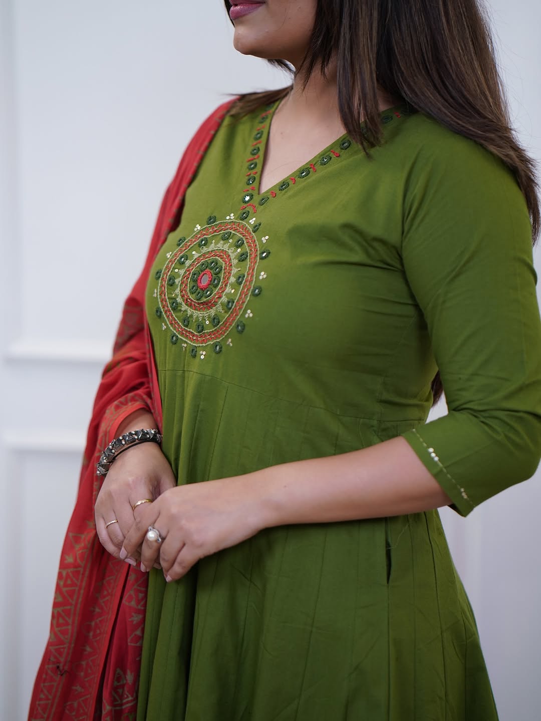 Premium cotton Anarkali Rust & Green kurta set