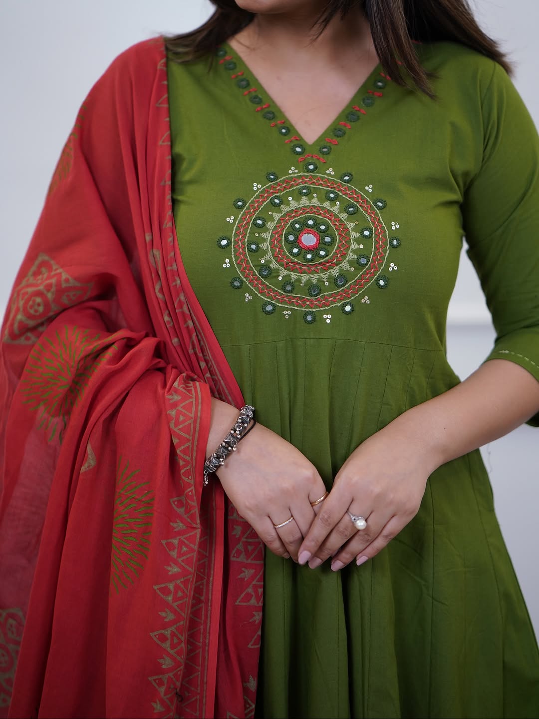 Premium cotton Anarkali Rust & Green kurta set