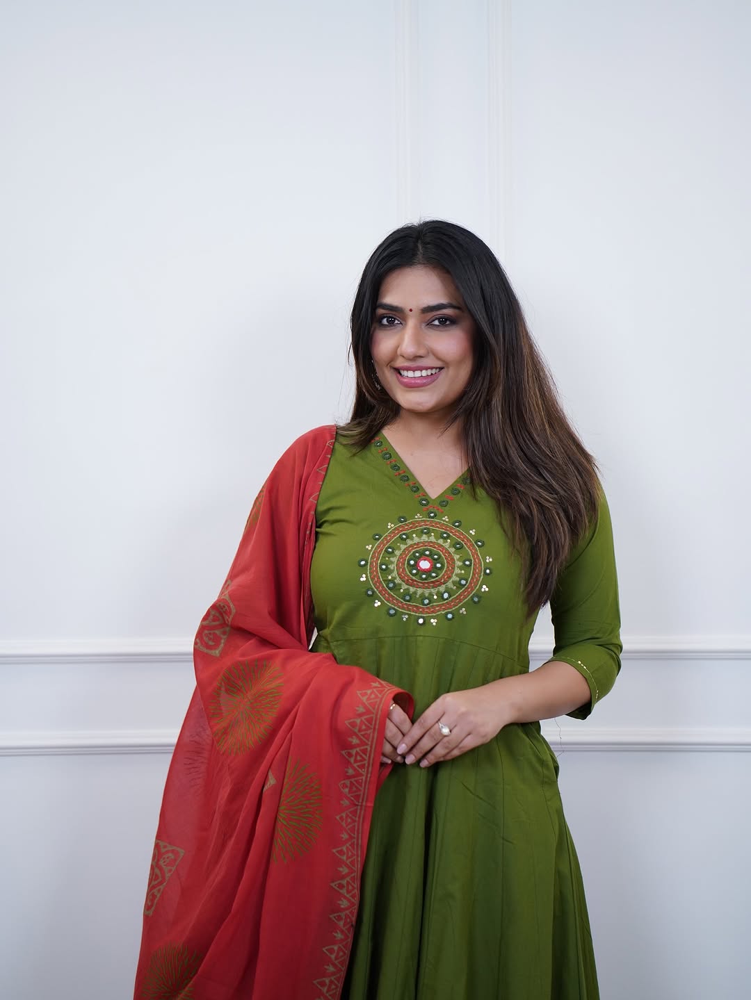Premium cotton Anarkali Rust & Green kurta set